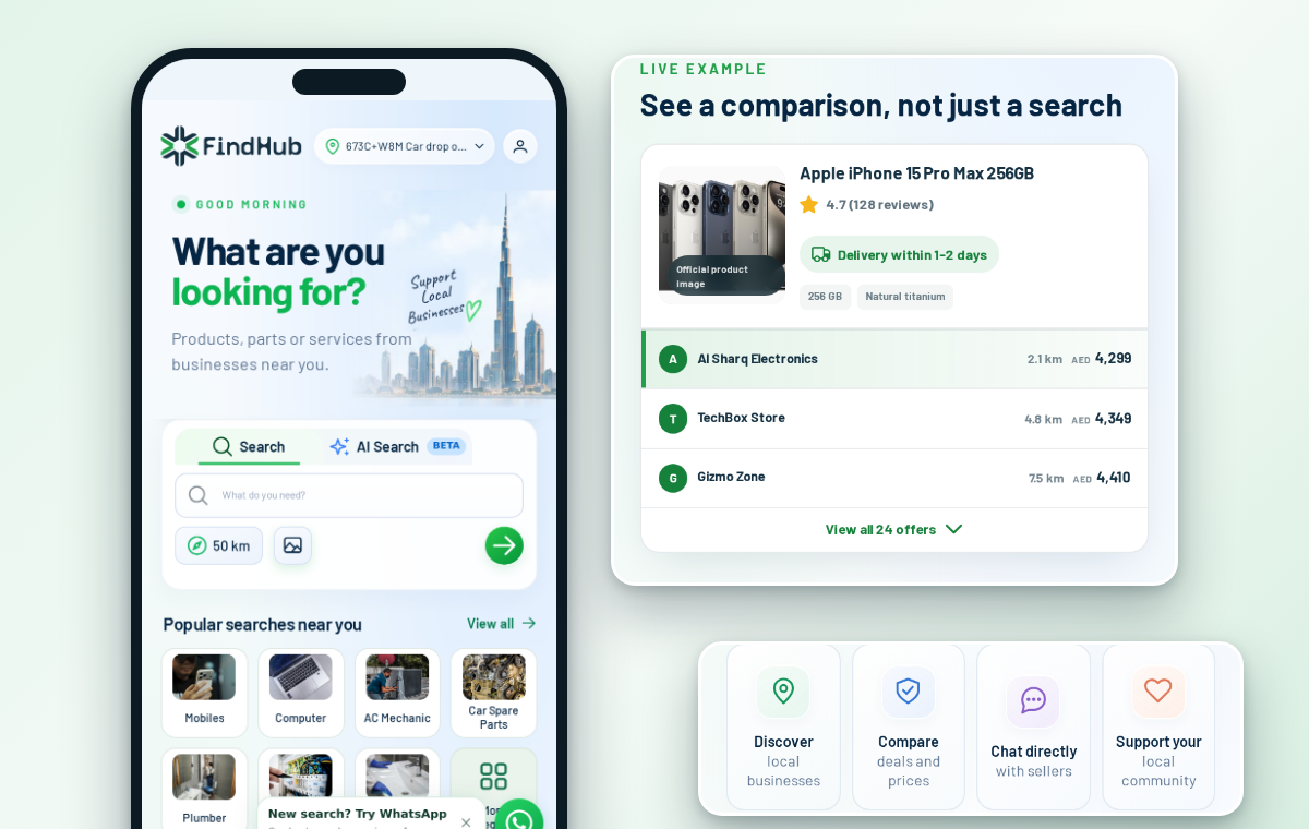 The FindHub app: search for a part and compare offers from nearby shops