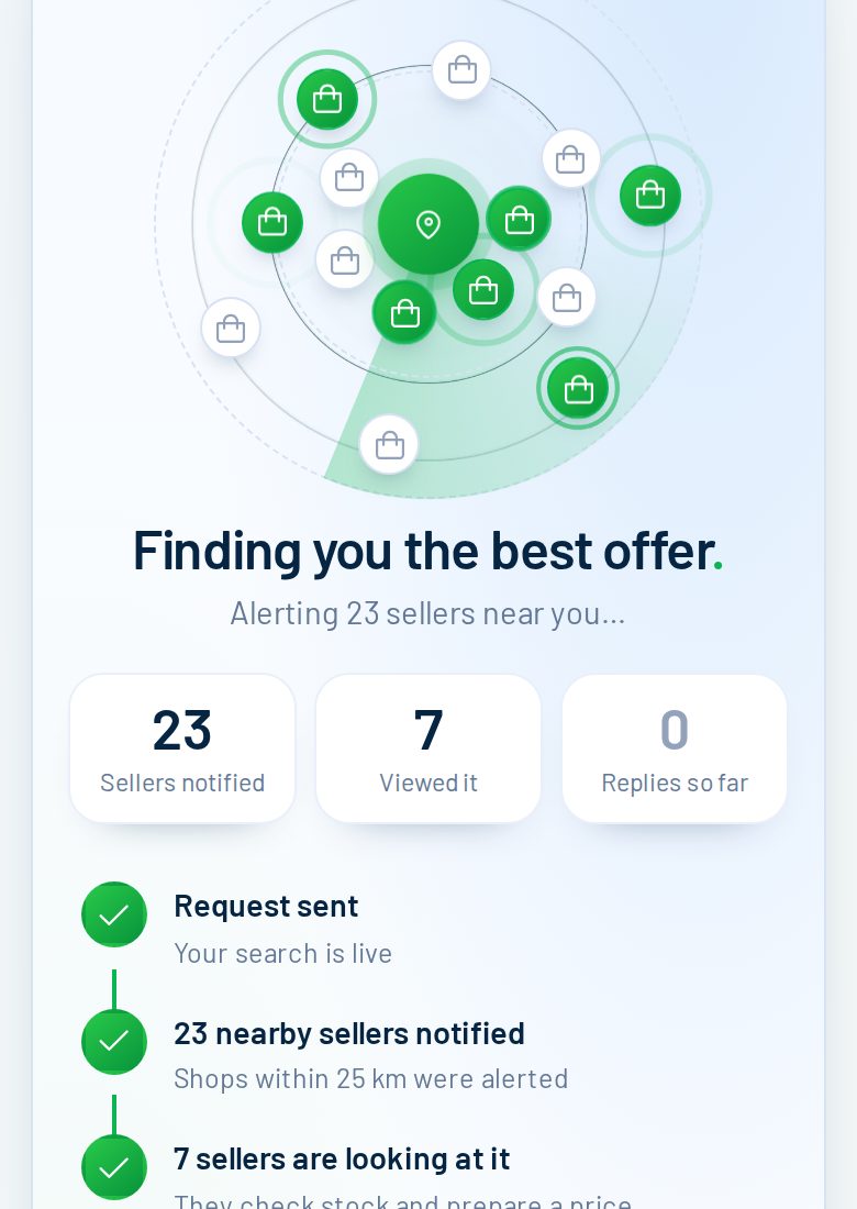 شاشة الرادار في FindHub أثناء انتظار ردود المحلات